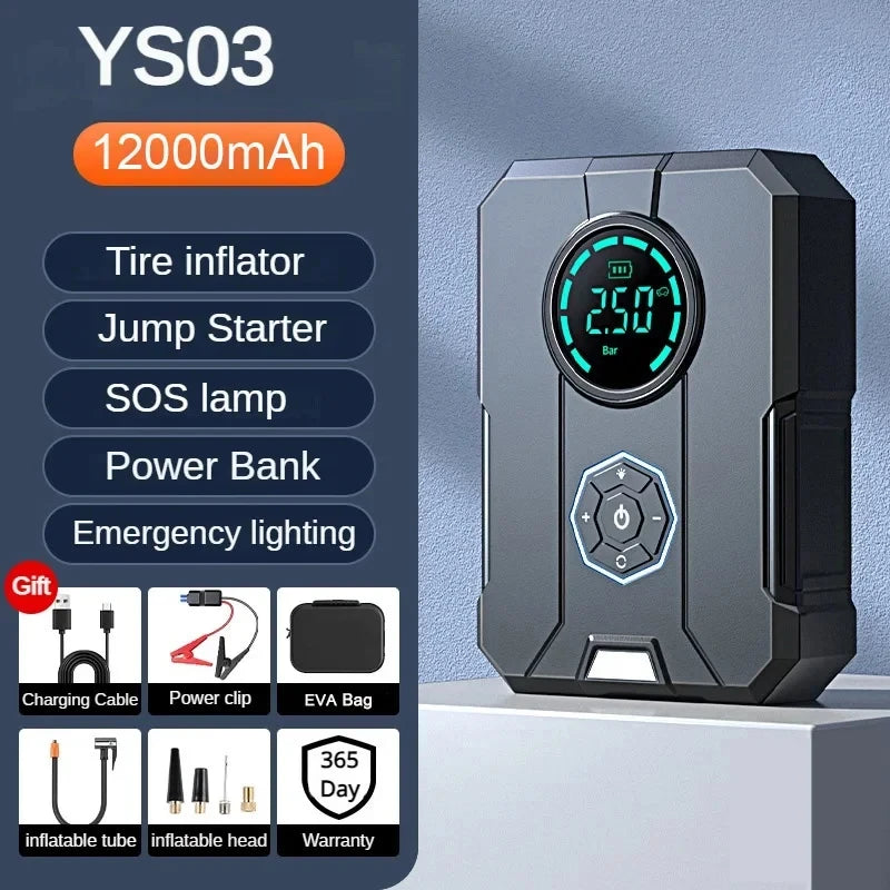 BUVAYE Portable Car Battery Jump Starter with 150PSI Air Pump & Car Compressor Emergency Starting Device