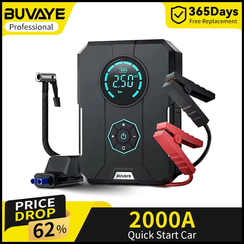 BUVAYE Portable Car Battery Jump Starter with 150PSI Air Pump & Car Compressor Emergency Starting Device