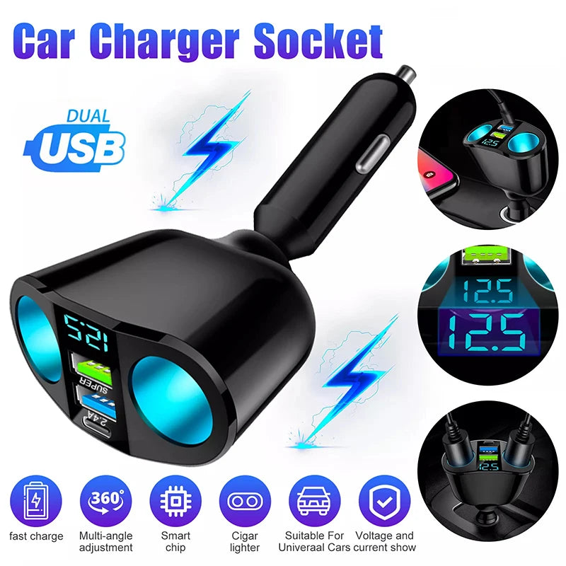 1pcs 120W QC3.0 Car Charger 12V/24V Dual USB Power Adapter Fast Charging Car Lighter Socket For Most Auto Car Accessory