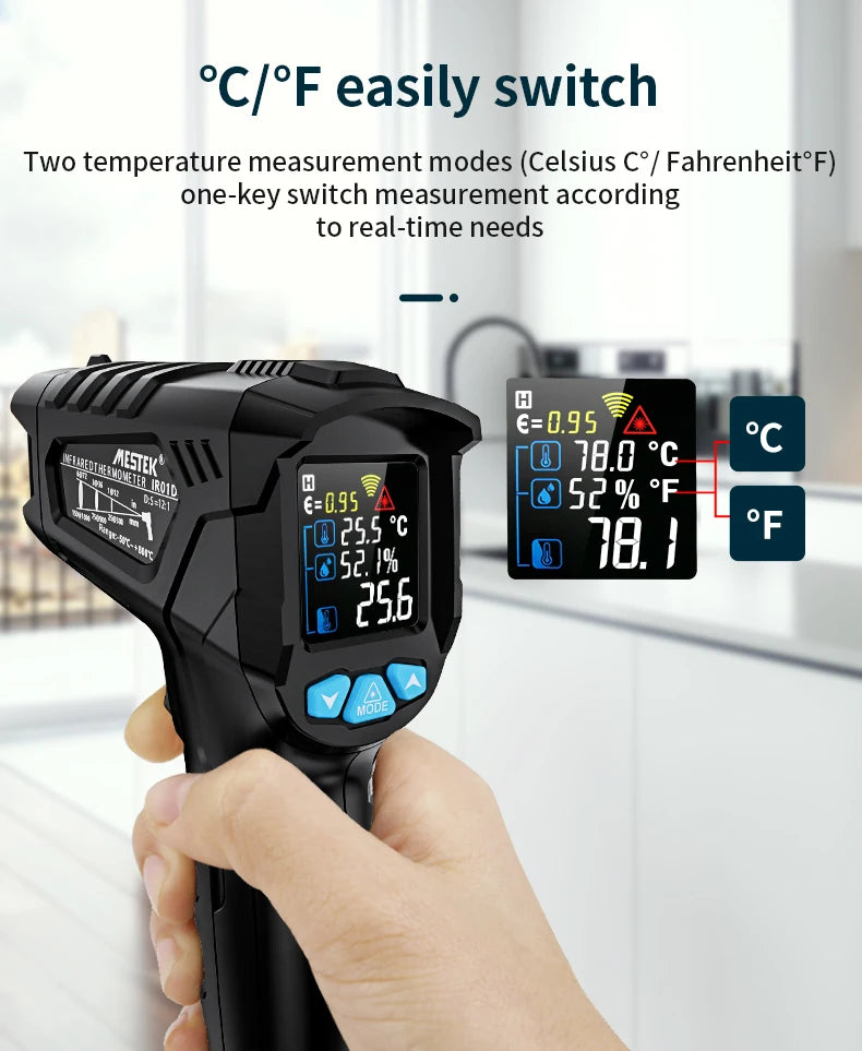 -50 to 800 Degree Mestek Digital Infrared Thermometer Laser Temperature Meter Non-contact Pyrometer Hygrometer IR Thermometer