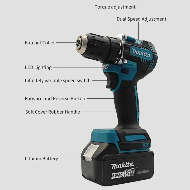 100% Origina New 18V Makita 5Ah 6Ah 9Ah Powerful tool battery+charger, For DDF487 lithium rechargeable impact drill household